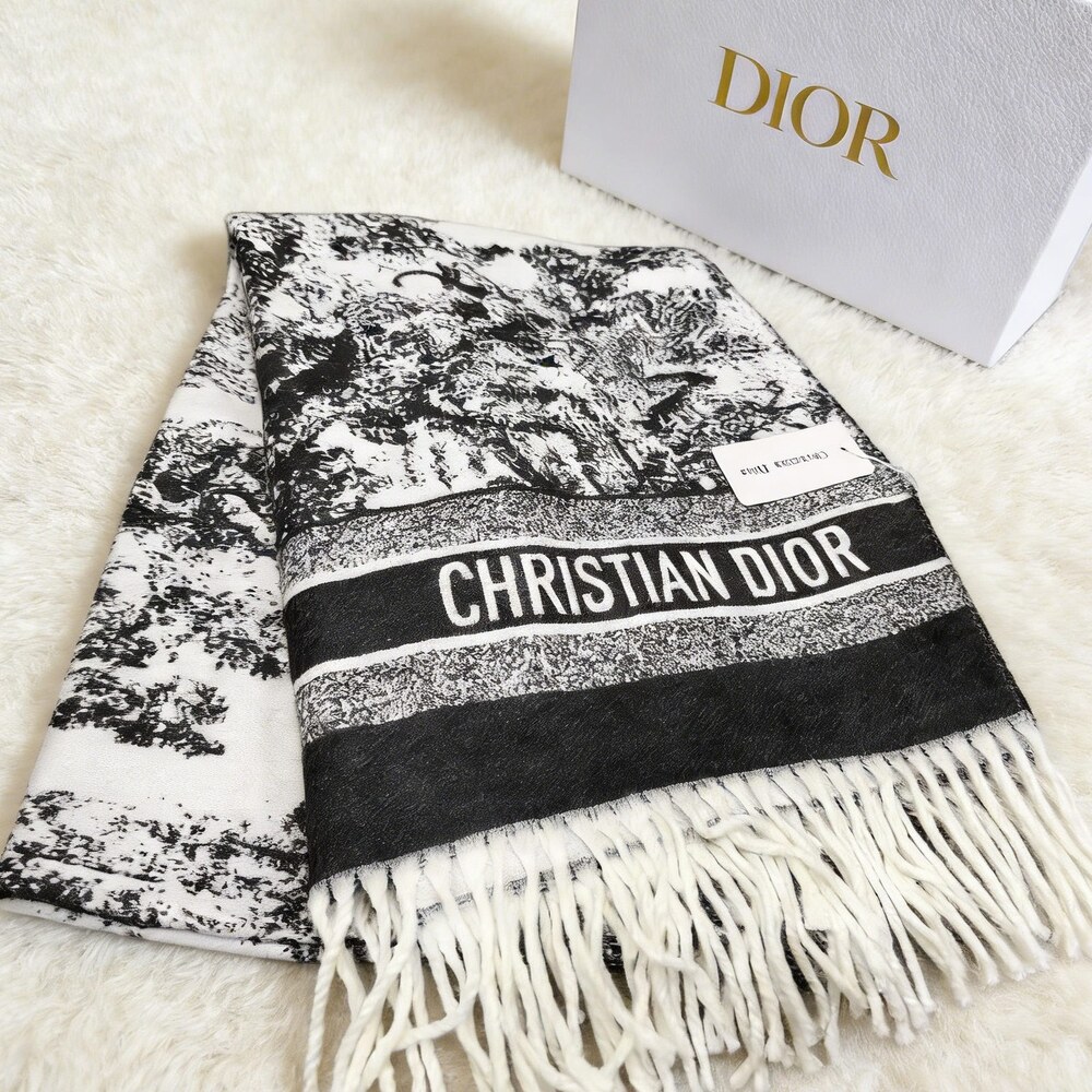 Dior Black Ivory Woodland Print Fringe Scarf - Picture 3 of 4